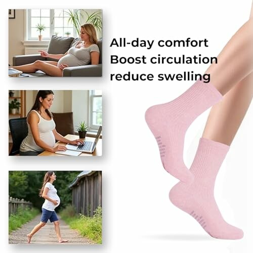 Three pairs of maternity compression socks in pink, beige, and black.