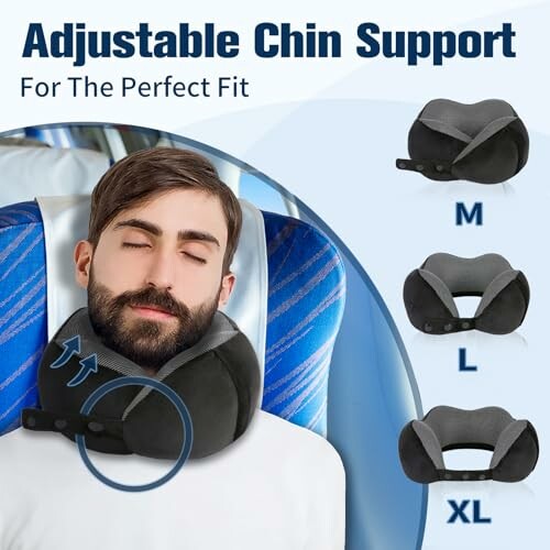 Man sleeping with adjustable chin support pillow on a bus with size options M, L, XL shown.