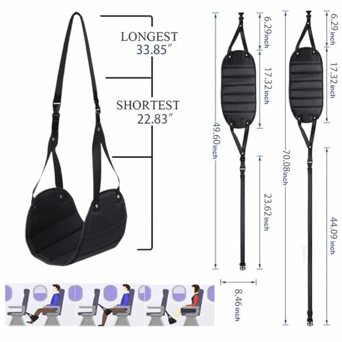 Adjustable black sling chair strap with measurements for length and height.