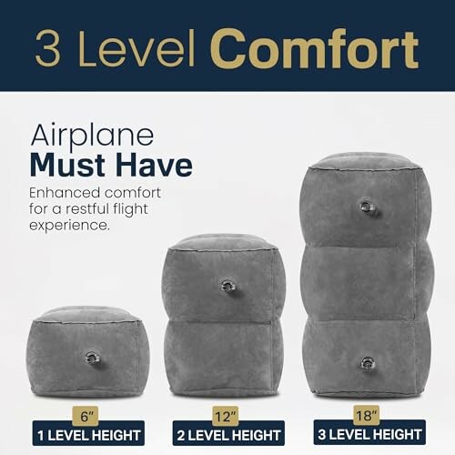 Three gray airplane pillows in different heights for comfort.