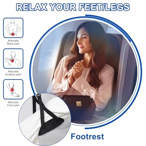 Woman using a footrest on an airplane for comfort.