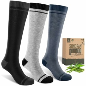 Set of three bamboo socks in black, grey, and blue with packaging.