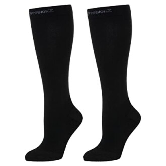 Pair of black knee-high socks.