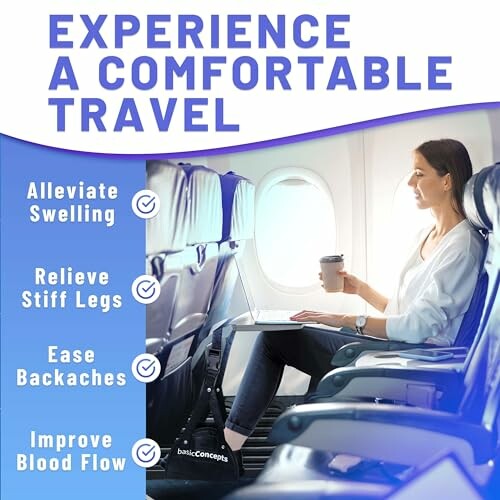 Woman sitting comfortably in airplane seat with travel benefits listed.