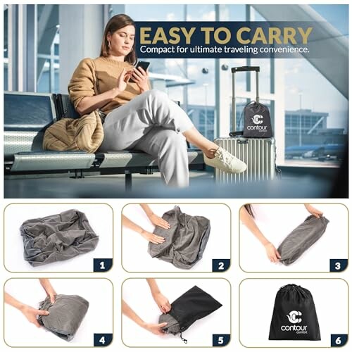 Woman sitting with luggage and a compact travel bag demonstration in six steps.