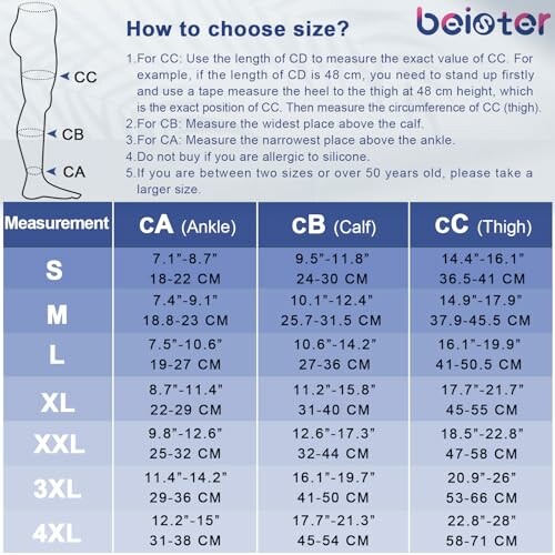 Size chart for choosing compression sleeves based on ankle, calf, and thigh measurements.