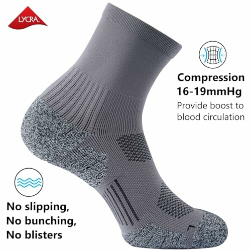 Gray compression sock with Lycra, features include no slipping, no bunching, no blisters, and 16-19mmHg compression.