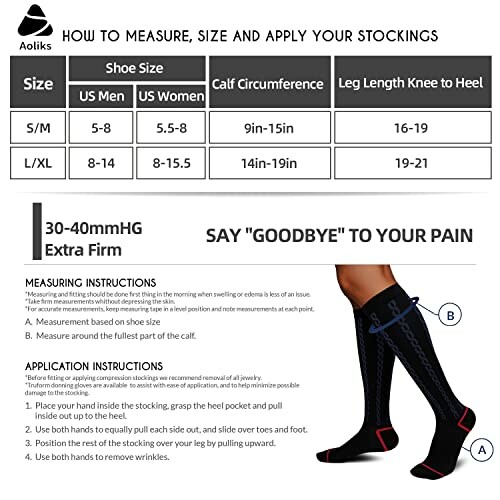 Compression sock measuring guide with size chart and instructions.