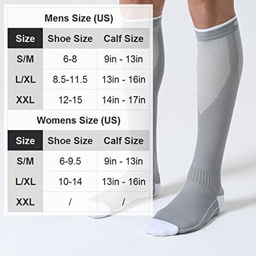 Compression sock size chart for men and women with shoe and calf size details.