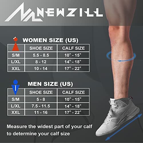 Size chart for men and women compression socks with calf measurement guide.