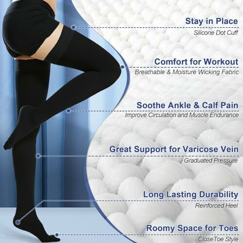 Benefits of wearing compression socks with features listed.