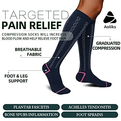 Compression socks with benefits like pain relief and support for foot conditions.