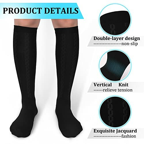 Black compression socks with double-layer design, vertical knit, and exquisite jacquard.