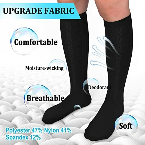 Black knee-high socks highlighting features: comfortable, breathable, moisture-wicking, deodorant, soft.