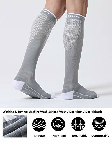 Gray compression socks with washing instructions and features icons.