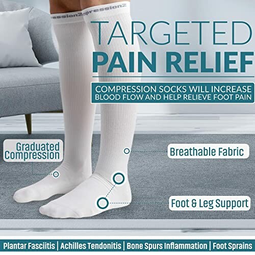 Compression socks for targeted pain relief with benefits listed.