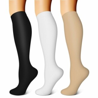 Three pairs of knee-high compression socks in black, white, and beige.