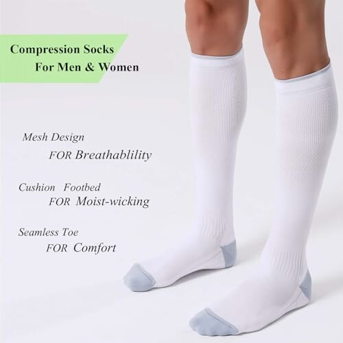 White compression socks with features listed: mesh design for breathability, cushion footbed for moist-wicking, seamless toe for comfort.