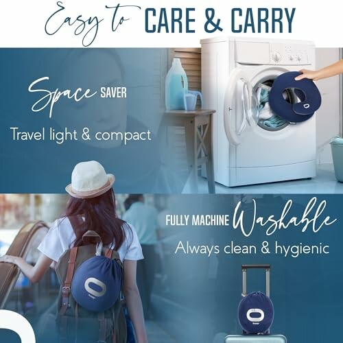 Travel pillow being placed in a washing machine and carried on luggage.