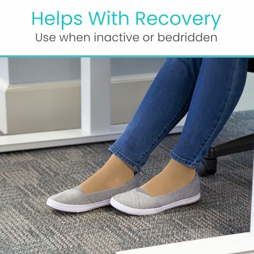 Person wearing supportive shoes while seated, promoting recovery for inactivity or bedridden conditions.