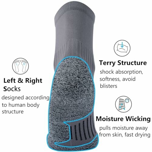 Gray sock with terry structure and moisture wicking features highlighted.