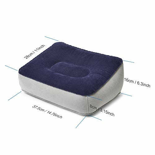 Inflatable footrest cushion with dimensions in inches and centimeters.