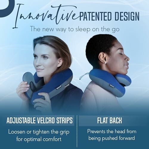 Two people wearing travel neck pillows with adjustable velcro strips and flat back design.