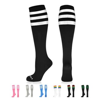 Pair of black knee-high socks with white stripes, various color options below.