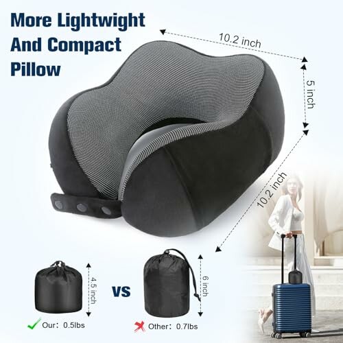 Lightweight and compact travel pillow with dimensions and weight comparison.