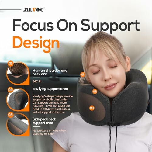 Woman using neck pillow with support design features highlighted.