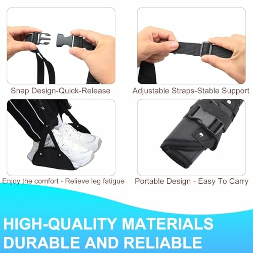 Travel foot rest strap with adjustable straps and quick-release buckle.