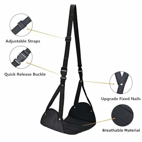 Black travel footrest hammock with adjustable straps and quick-release buckle.