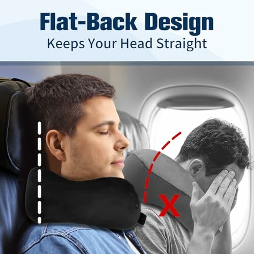 Man using travel neck pillow with flat-back design in airplane seat.