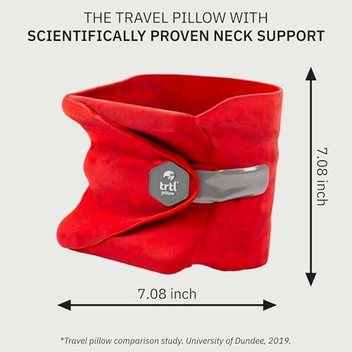 Red travel pillow with neck support for travel.