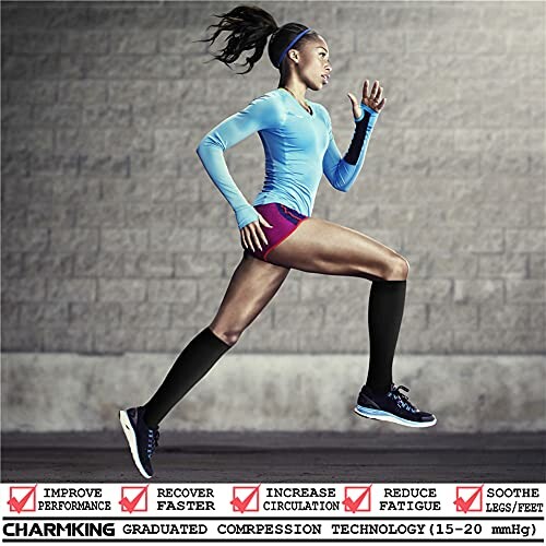 Woman running wearing compression socks.